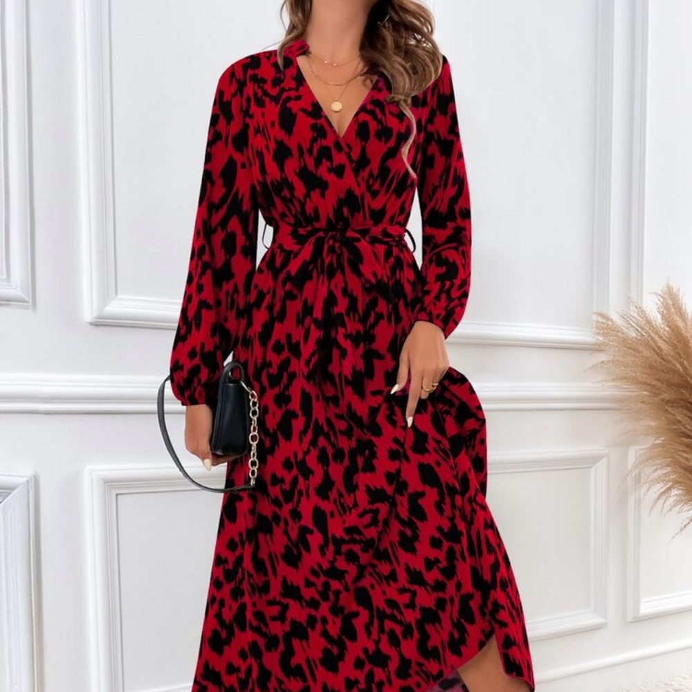 Red Black Leopard Print Midi Dress Womens Long Sleeve Wrap Tie Elegant